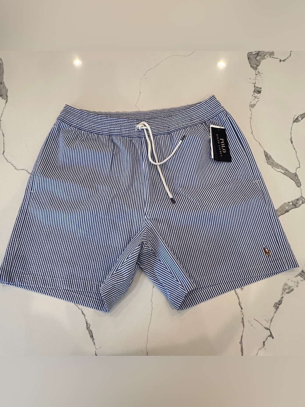 Polo Ralph Lauren Seersucker Swim Trunks Blue White Stripe Mesh Lined Large NWT